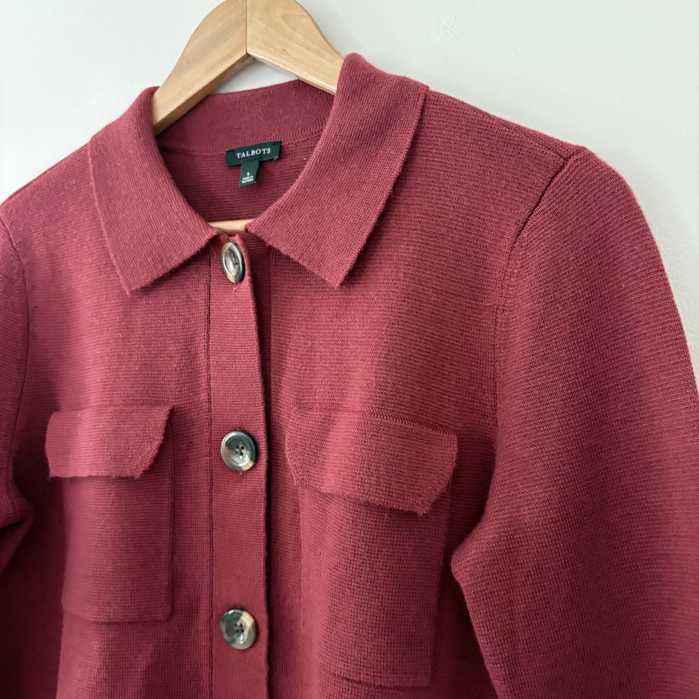 Talbots Cardigan Jacket S Burgundy Red Wool Blend Button Front Shacket Pocket - Picture 6 of 9